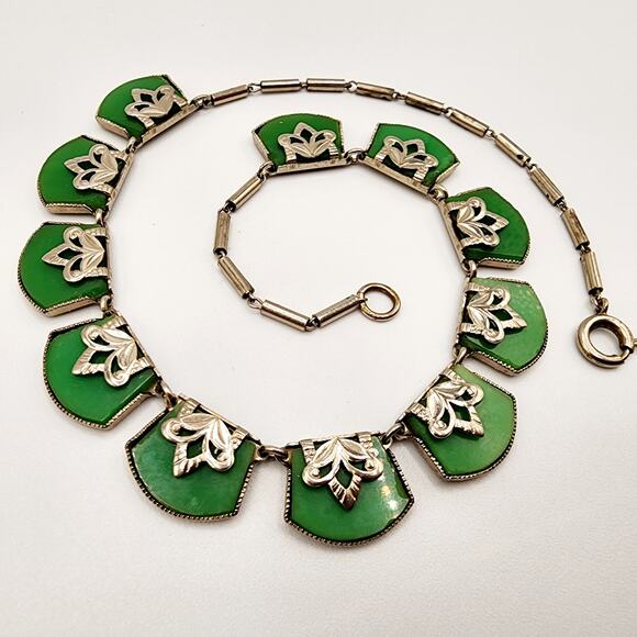 Art Deco Green Galalith & Chrome Panel Necklace • Attrib. Jakob Bengel • 14" - Picture 1 of 8